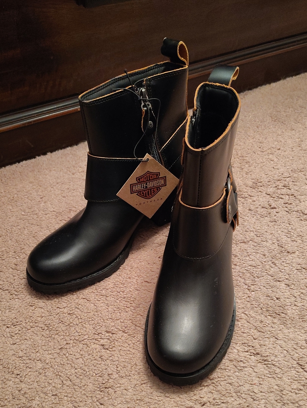 Harley-Davidson  Black Ankle Strap Moto Boots with Tan Trim